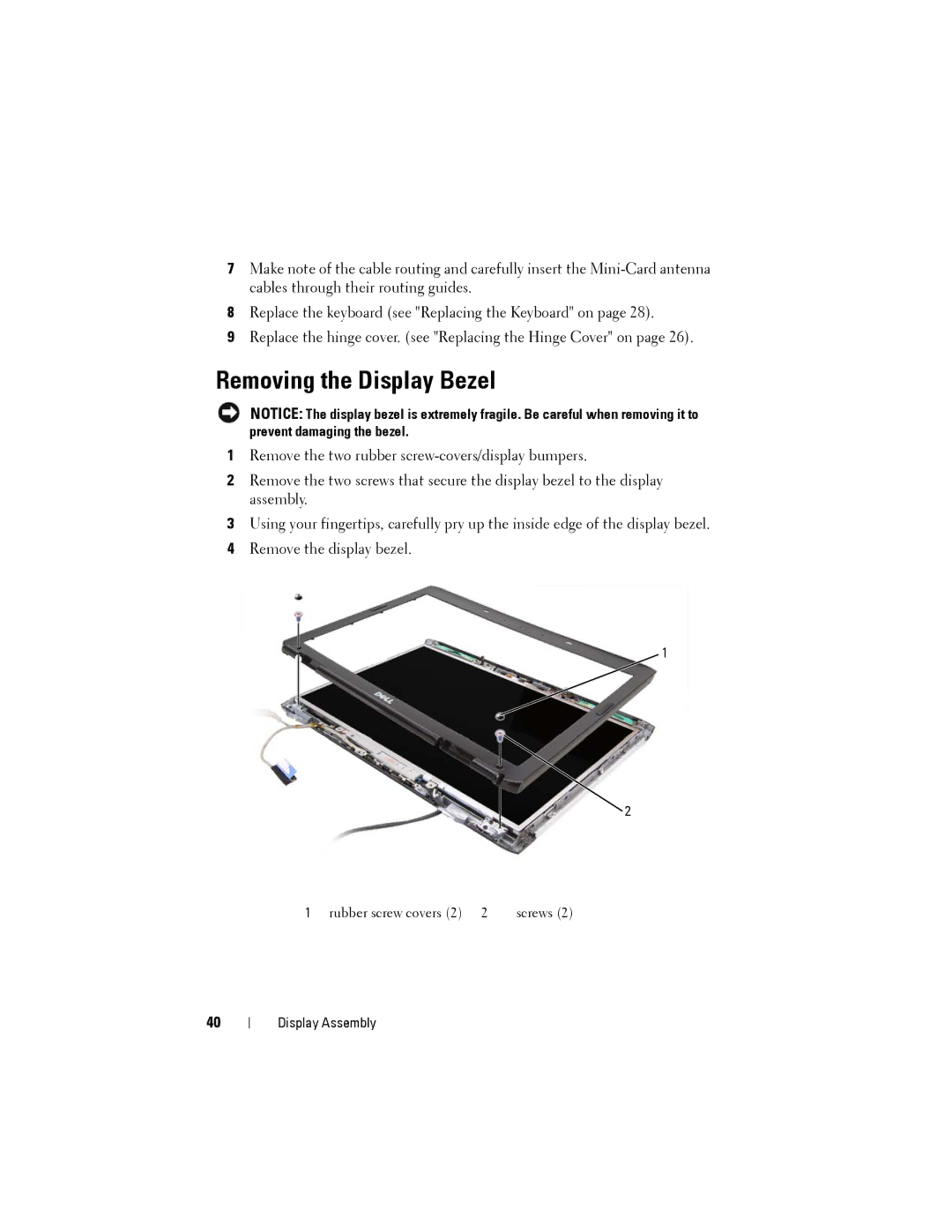 Dell Model PP06XA service manual Removing the Display Bezel 