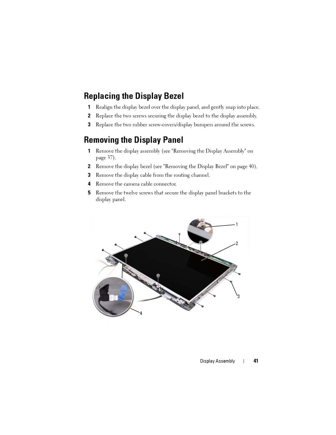 Dell Model PP06XA service manual Replacing the Display Bezel, Removing the Display Panel 