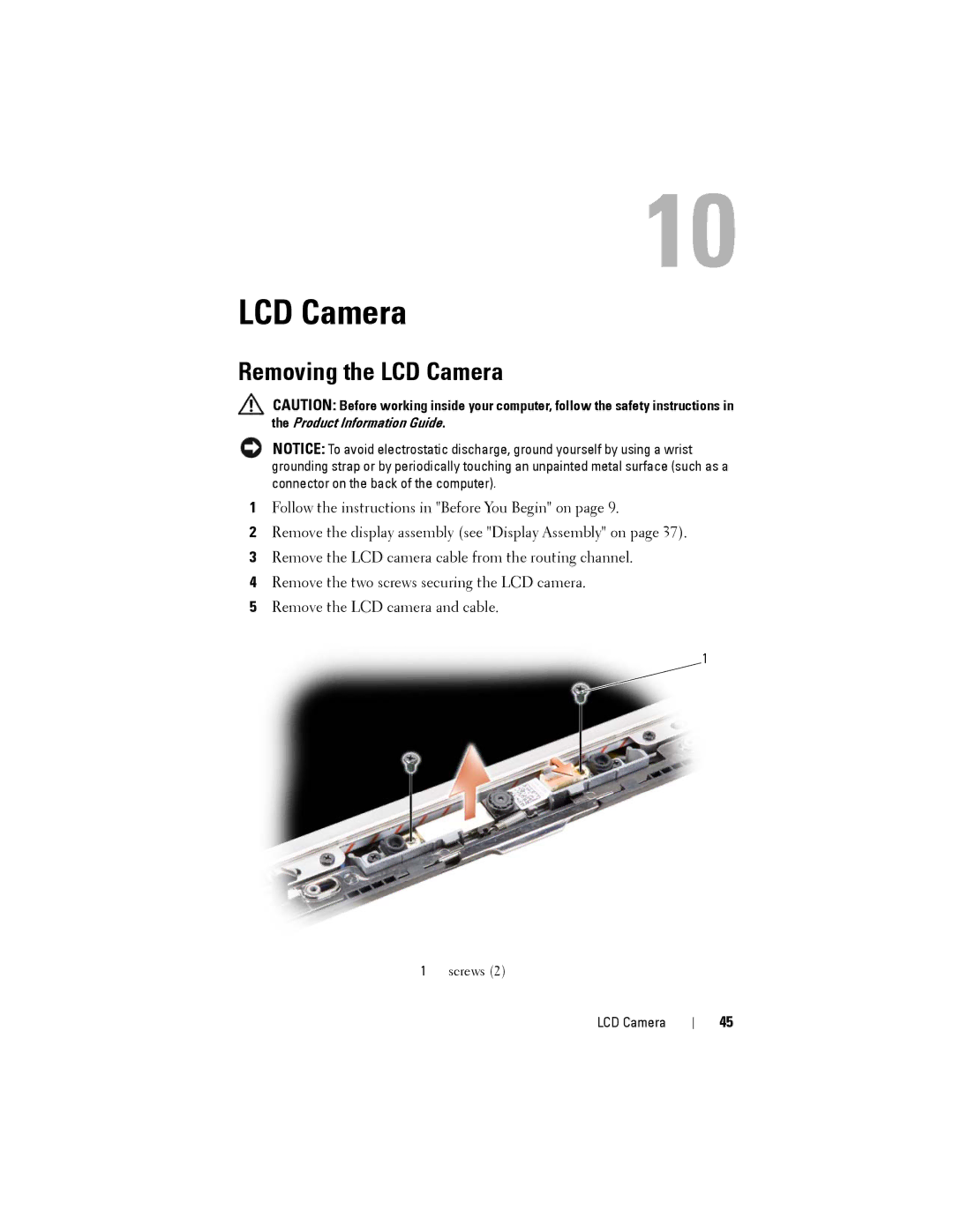 Dell Model PP06XA service manual Removing the LCD Camera 