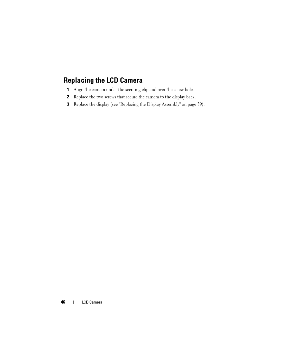 Dell Model PP06XA service manual Replacing the LCD Camera 