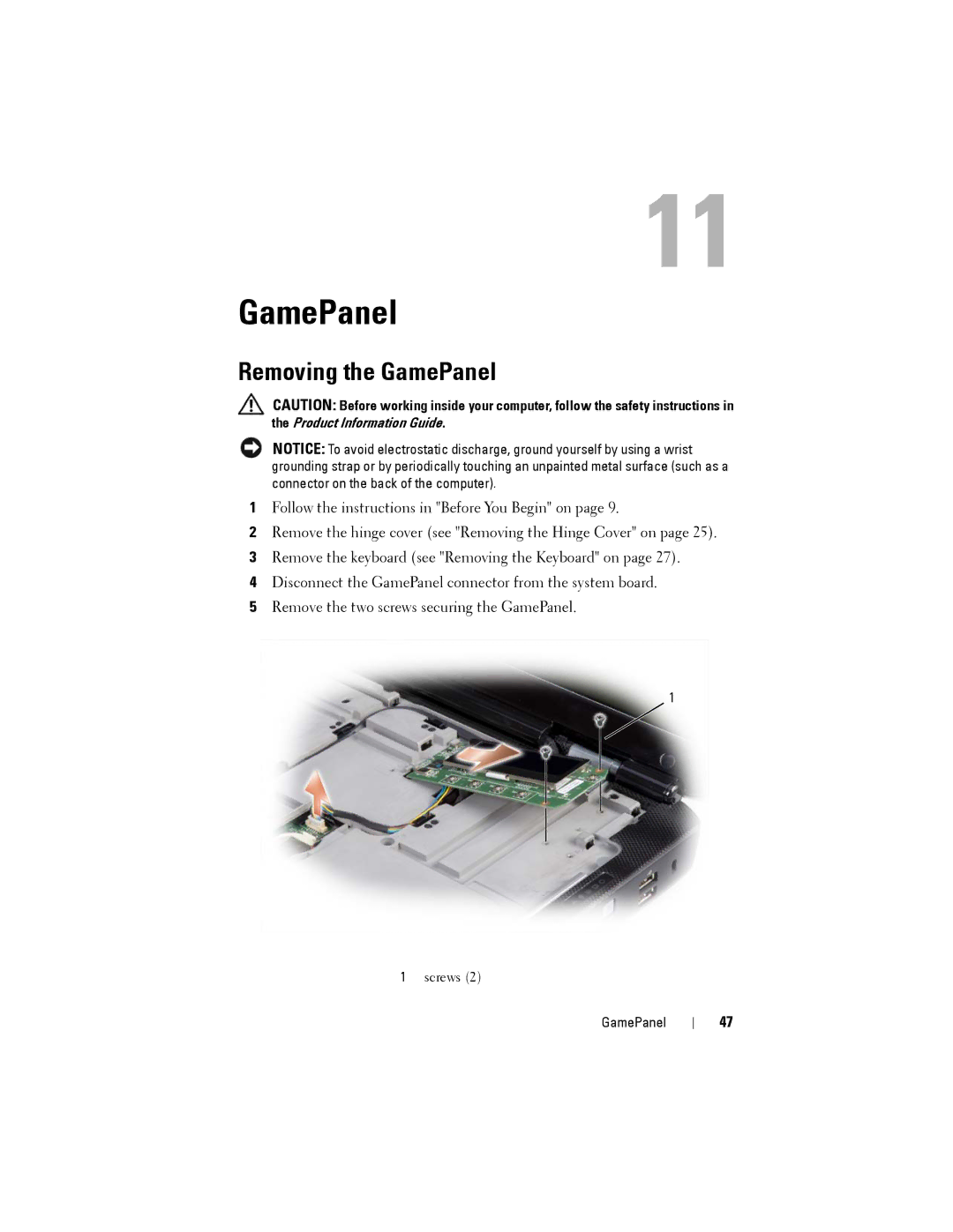 Dell Model PP06XA service manual Removing the GamePanel 