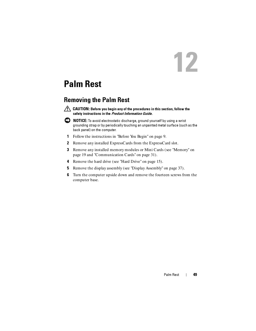 Dell Model PP06XA service manual Removing the Palm Rest 