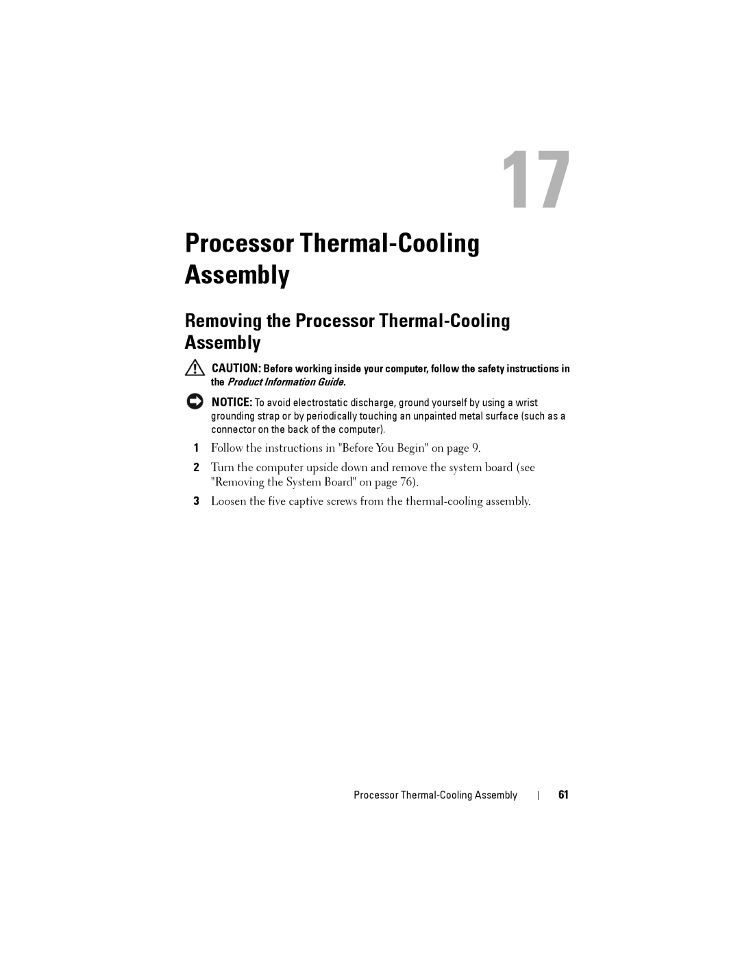 Dell Model PP06XA service manual Removing the Processor Thermal-Cooling Assembly 