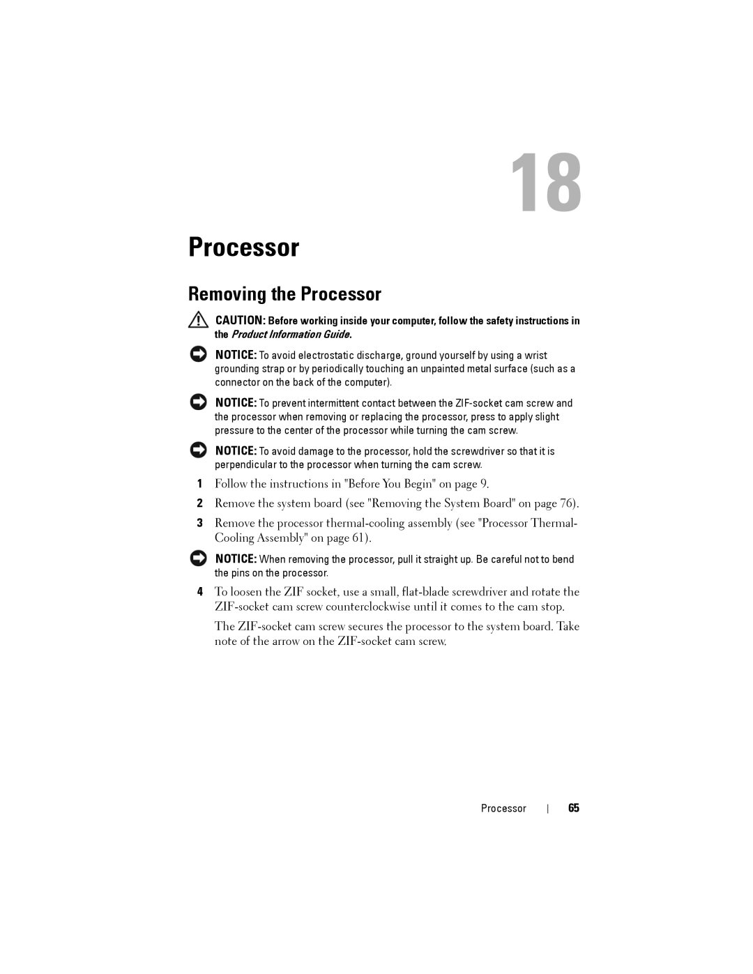 Dell Model PP06XA service manual Removing the Processor 