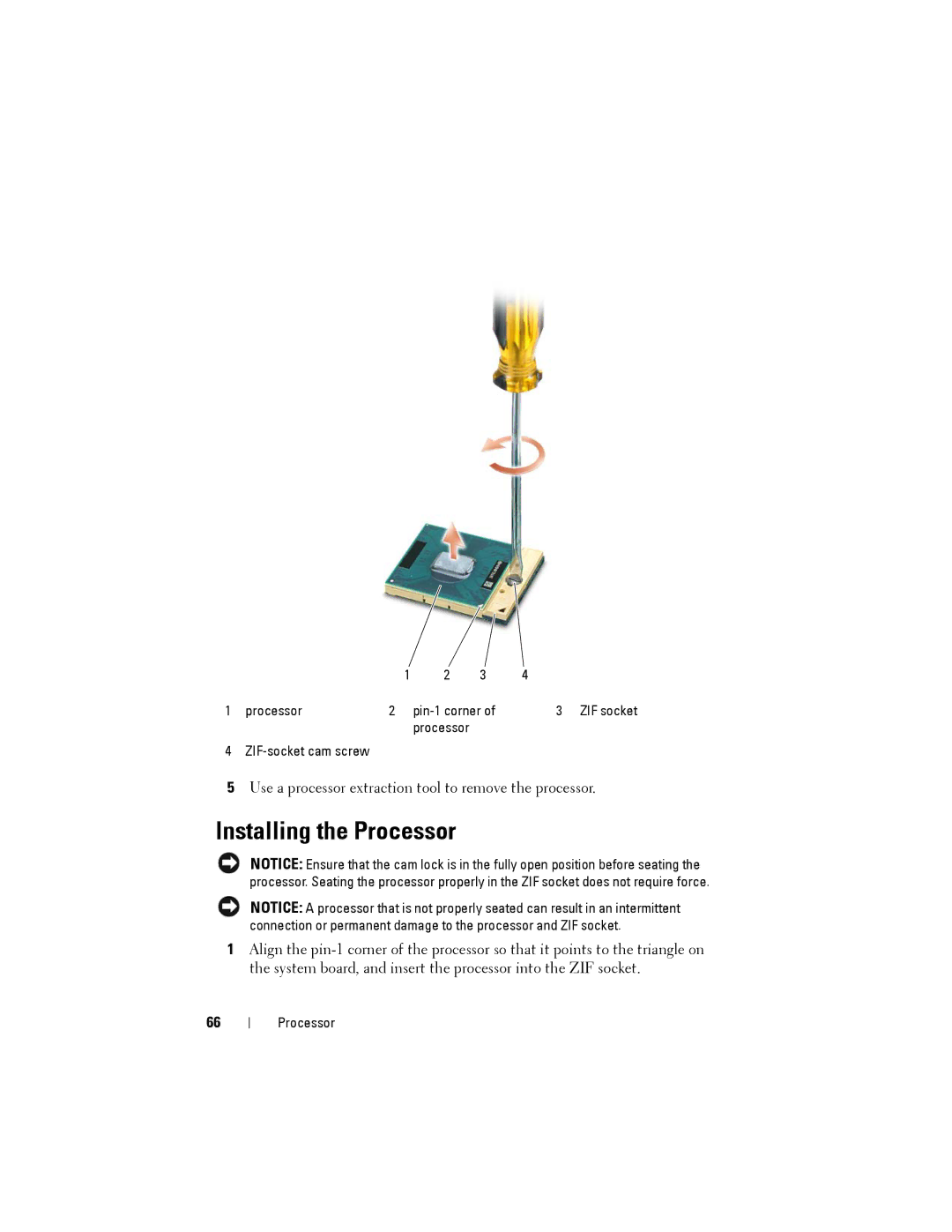 Dell Model PP06XA service manual Installing the Processor 