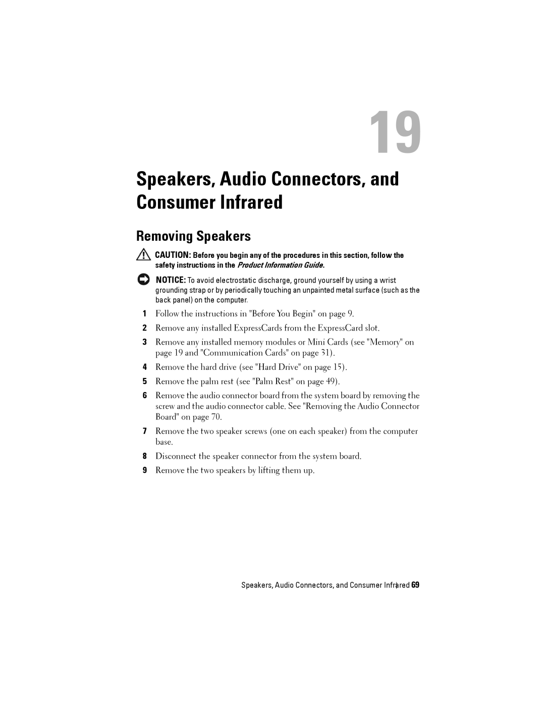 Dell Model PP06XA service manual Speakers, Audio Connectors, and Consumer Infrared, Removing Speakers 