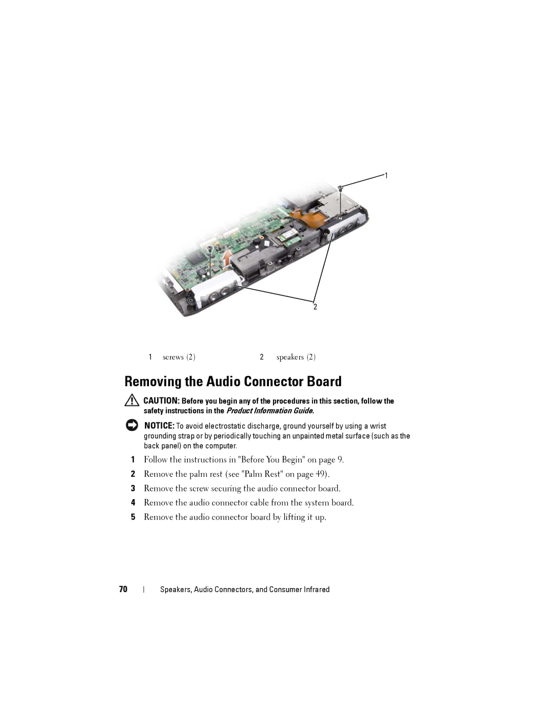 Dell Model PP06XA service manual Removing the Audio Connector Board 