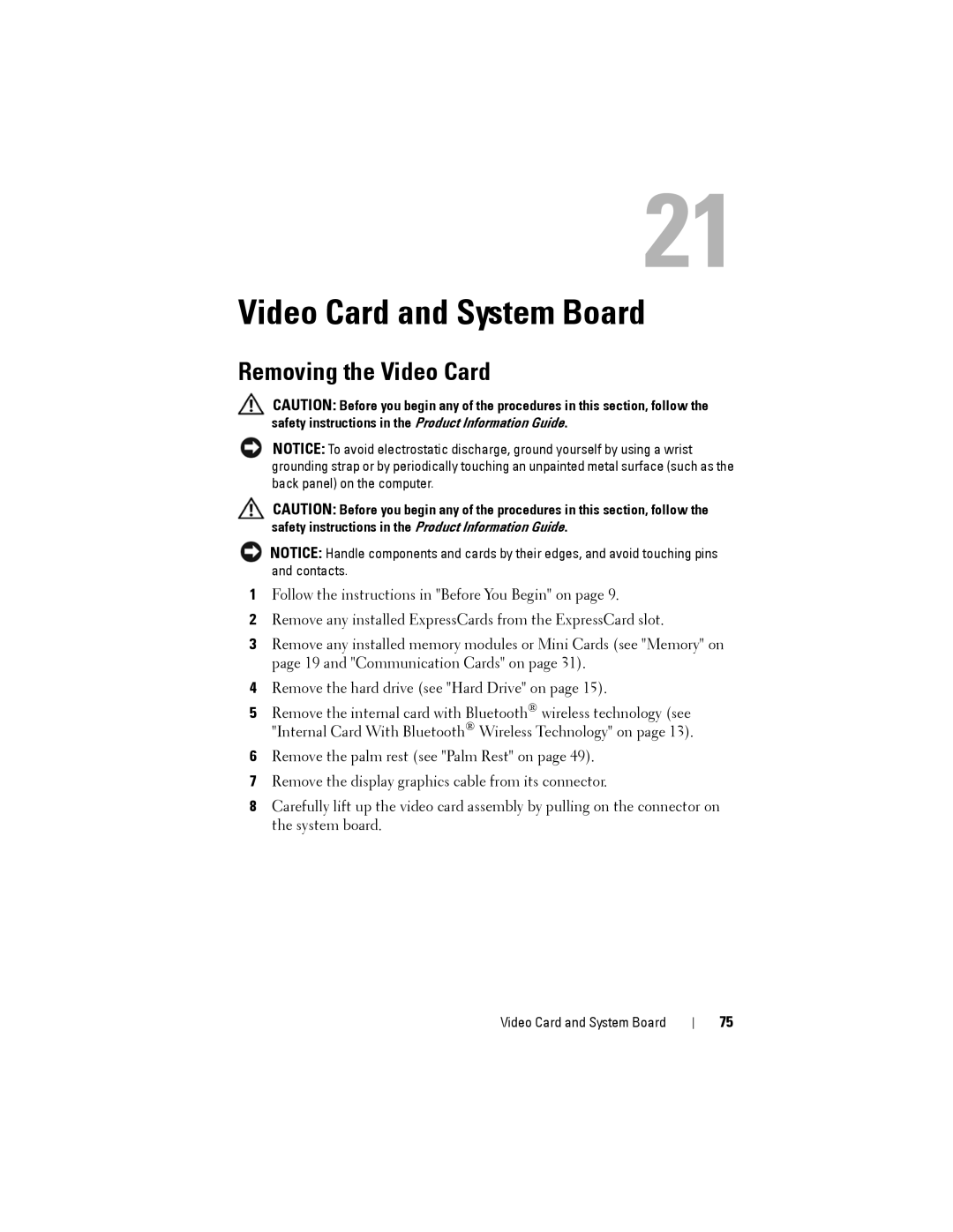 Dell Model PP06XA service manual Video Card and System Board, Removing the Video Card 