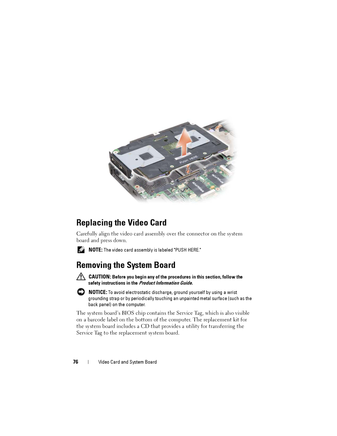 Dell Model PP06XA service manual Replacing the Video Card, Removing the System Board 