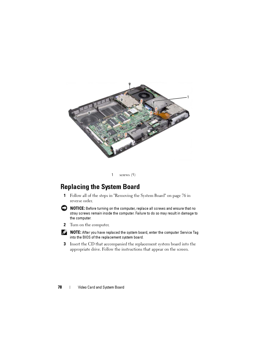 Dell Model PP06XA service manual Replacing the System Board 