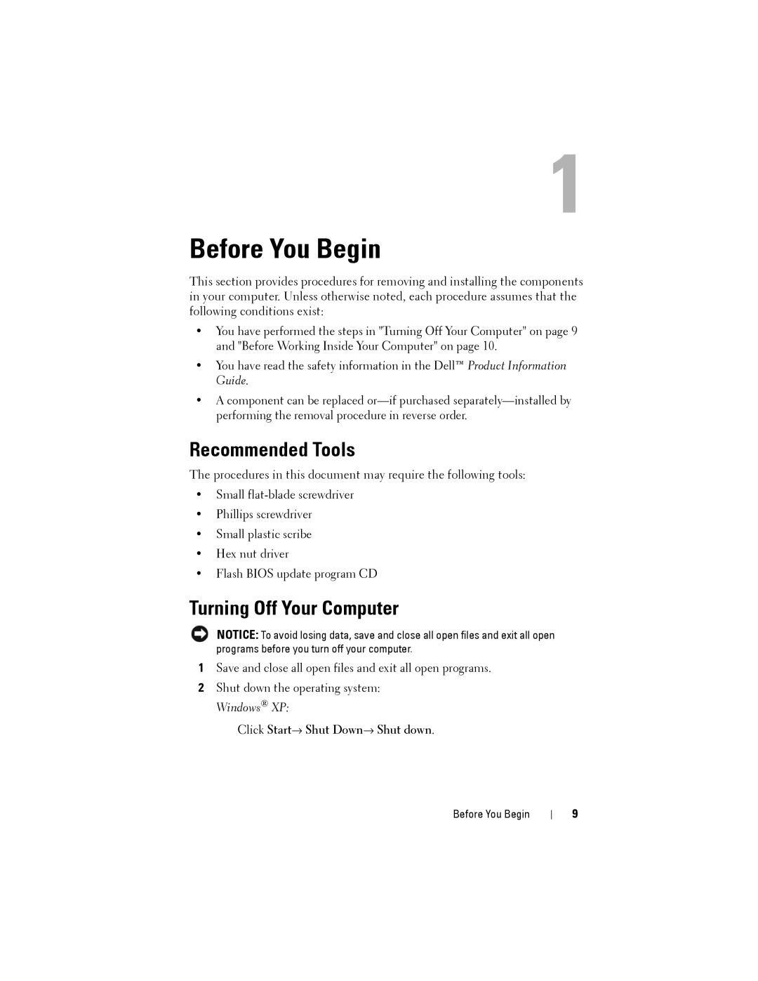 Dell Model PP06XA service manual Before You Begin, Recommended Tools, Turning Off Your Computer 