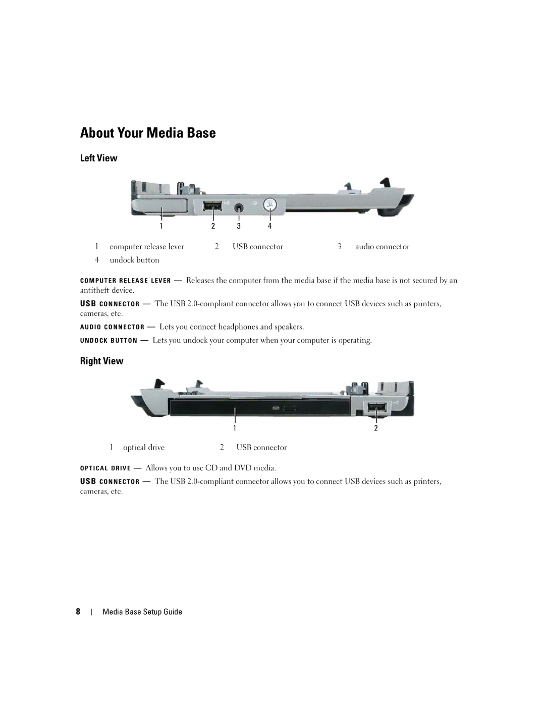 Dell Model PR09S setup guide About Your Media Base, Left View, Right View 