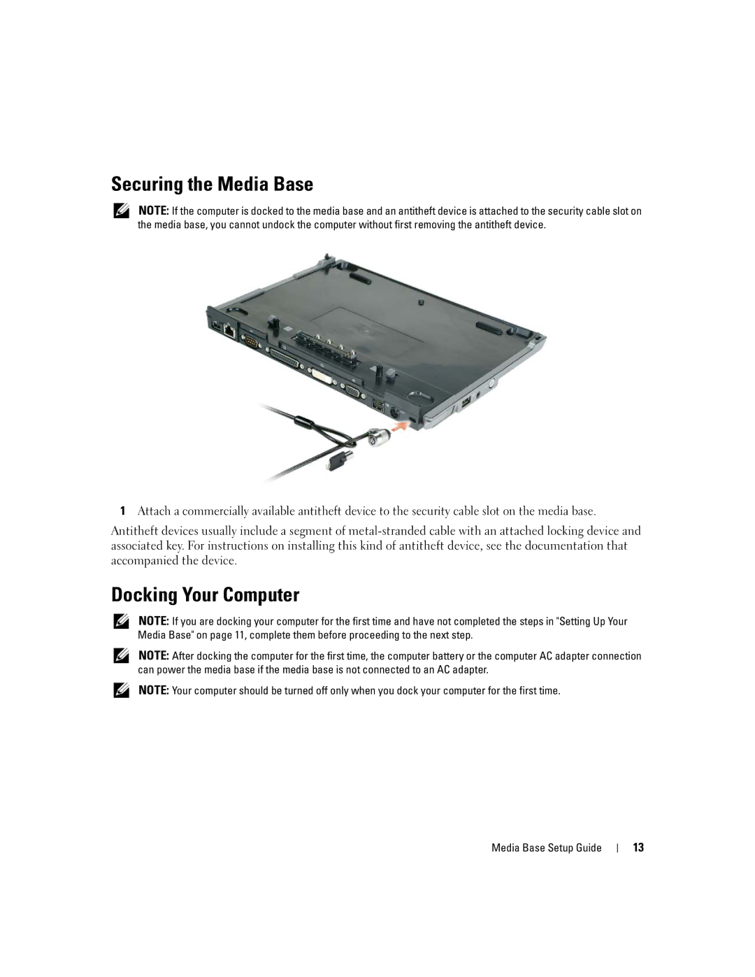 Dell Model PR09S setup guide Securing the Media Base, Docking Your Computer 