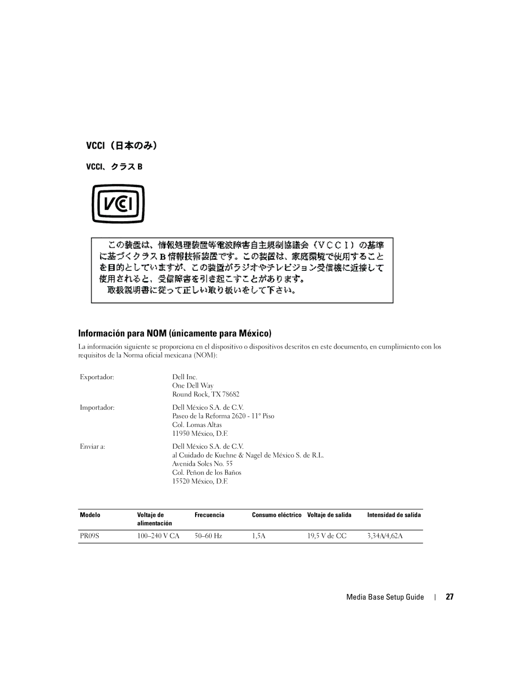 Dell Model PR09S setup guide Información para NOM únicamente para México 
