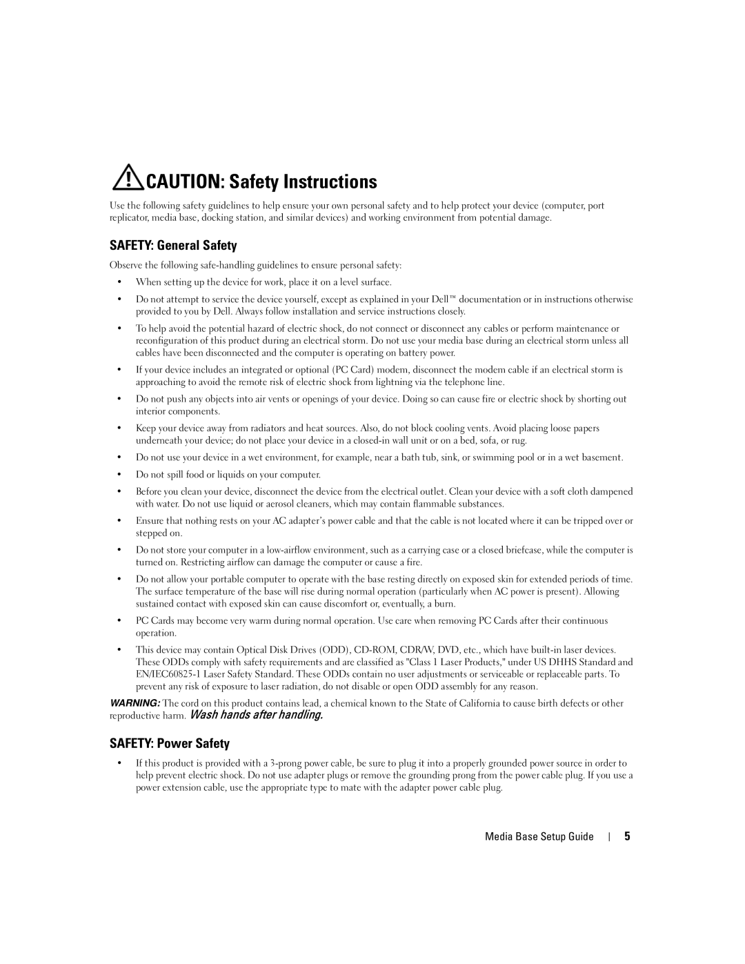 Dell Model PR09S setup guide Safety General Safety, Safety Power Safety, Media Base Setup Guide 