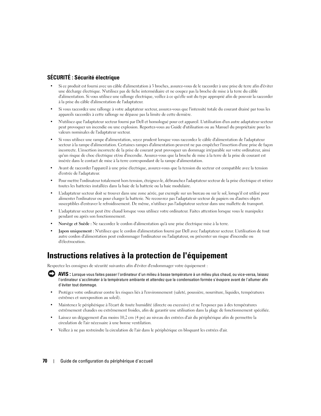 Dell Model PR09S setup guide Instructions relatives à la protection de léquipement, Sécurité Sécurité électrique 