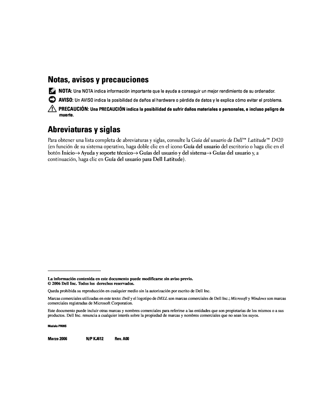 Dell Model PR09S setup guide Notas, avisos y precauciones, Abreviaturas y siglas, Marzo, N/P KJ612 