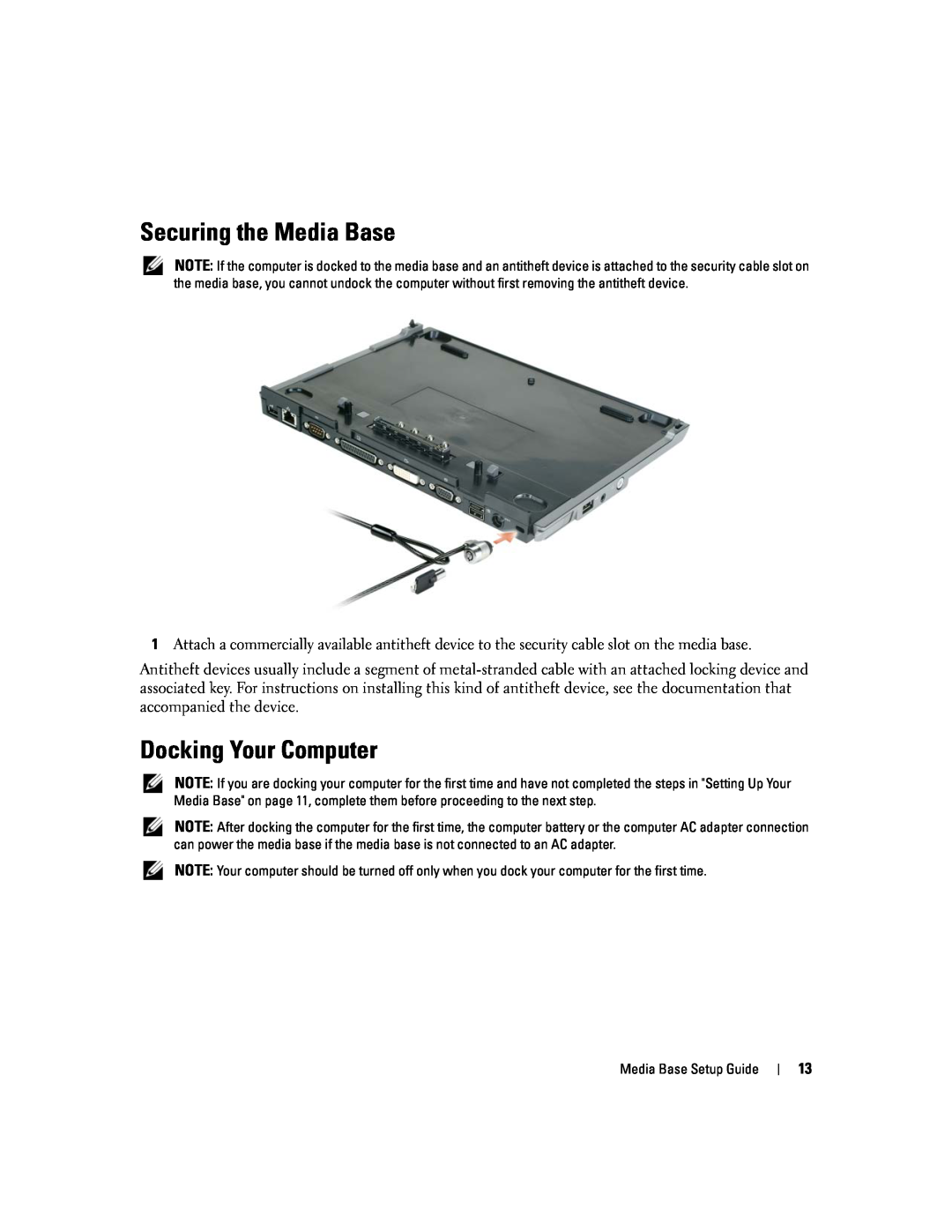 Dell Model PR09S setup guide Securing the Media Base, Docking Your Computer 