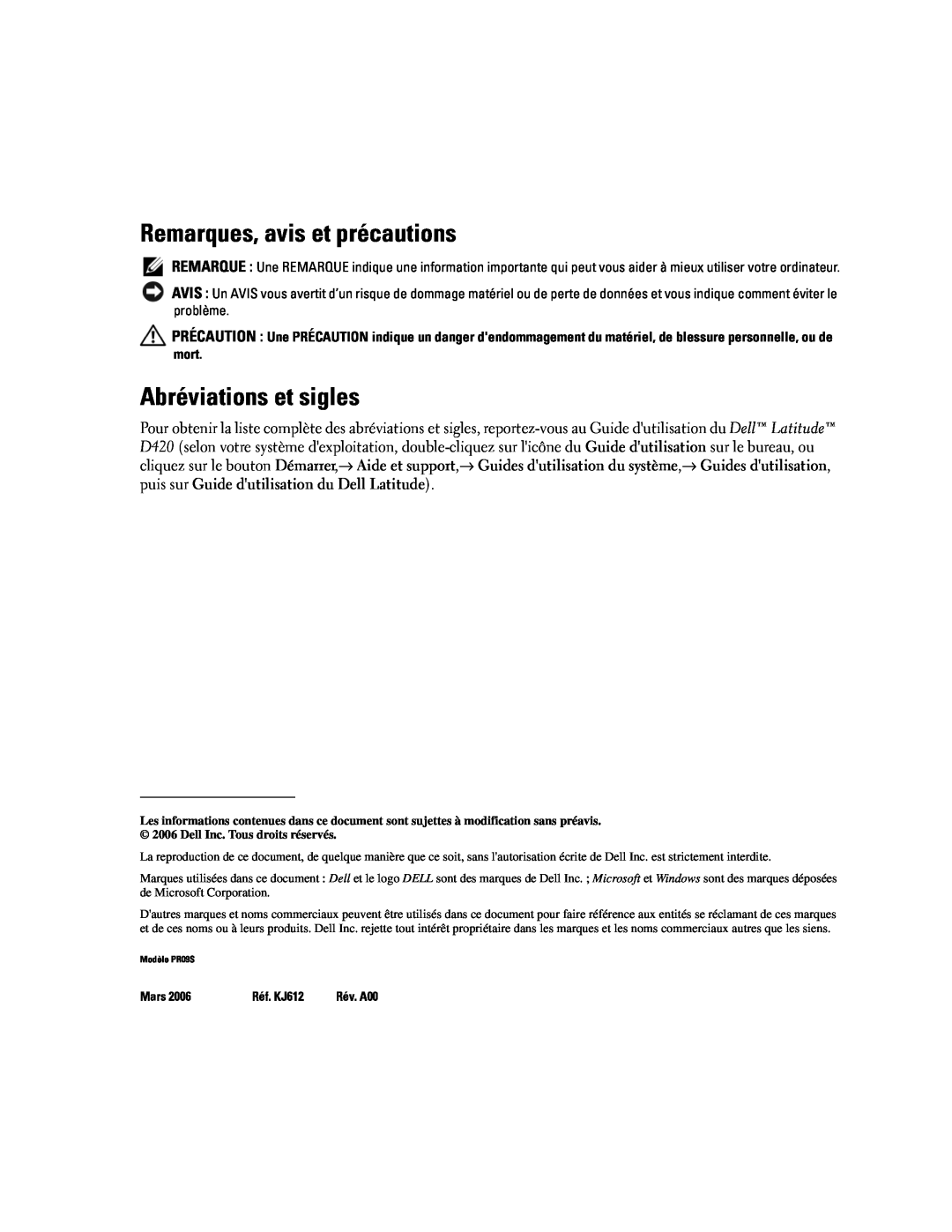 Dell Model PR09S setup guide Remarques, avis et précautions, Abréviations et sigles, Mars, Réf. KJ612 