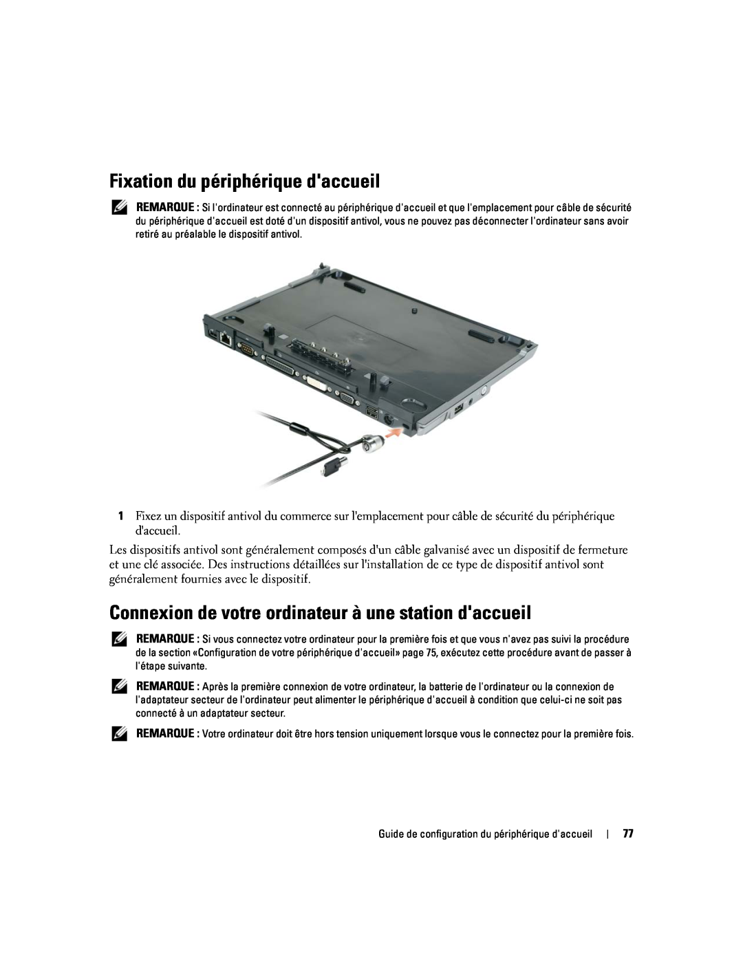 Dell Model PR09S setup guide Fixation du périphérique daccueil, Connexion de votre ordinateur à une station daccueil 