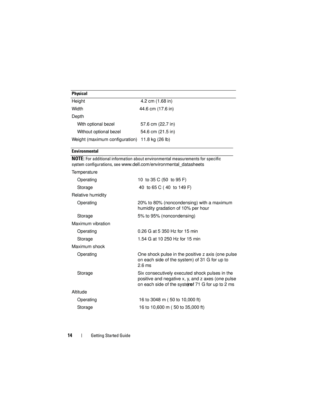 Dell MP148 Physical Height Cm 1.68 Width, Weight maximum configuration 11.8 kg 26 lb Environmental, 10 to 35C 50 to 95F 