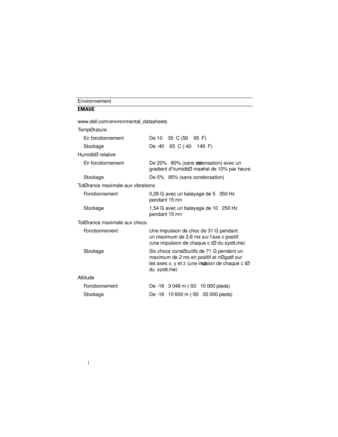 Dell MP148 Environnement Température, De 10 à 35 C 50 à 95 F, De -40 à 65 C -40 à 149 F, Humidité relative, Pendant 15 mn 