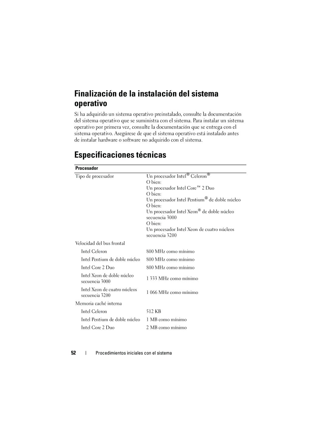 Dell MP148 manual Finalización de la instalación del sistema operativo, Especificaciones técnicas 