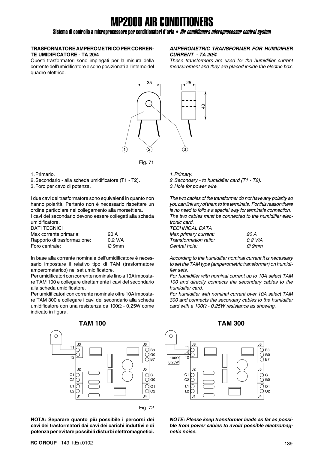 Dell MP2000 manual Amperometric Transformer for Humidifier Current TA 20/4, RC Group 149ItEn.0102 139 