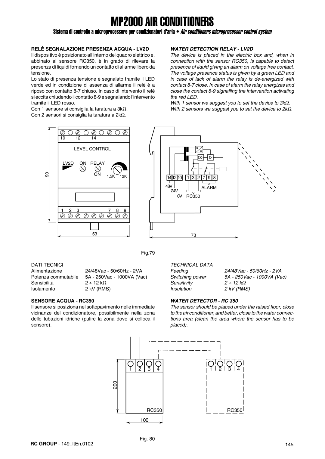 Dell MP2000 manual Relè Segnalazione Presenza Acqua LV2D, Water Detection Relay LV2D, Sensitivity ⎟ 12 kΩ Insulation KV RMS 