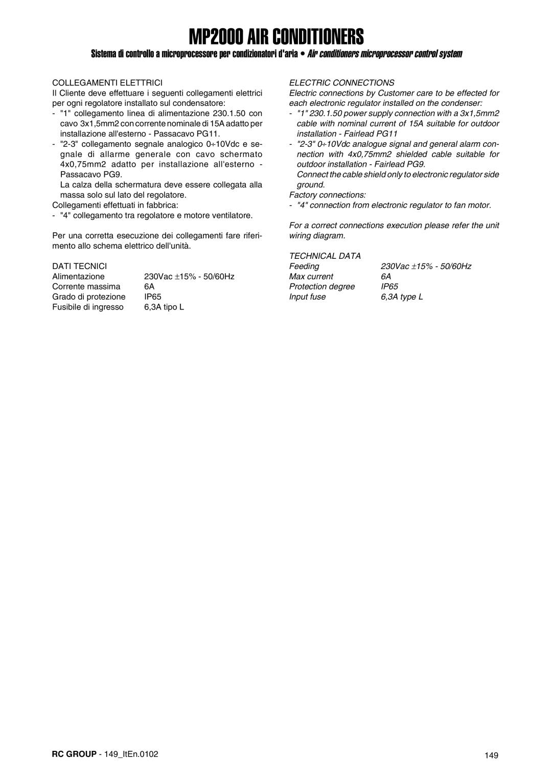 Dell MP2000 manual Collegamenti Elettrici, Electric Connections, Max current Protection degree IP65 Input fuse 3A type L 