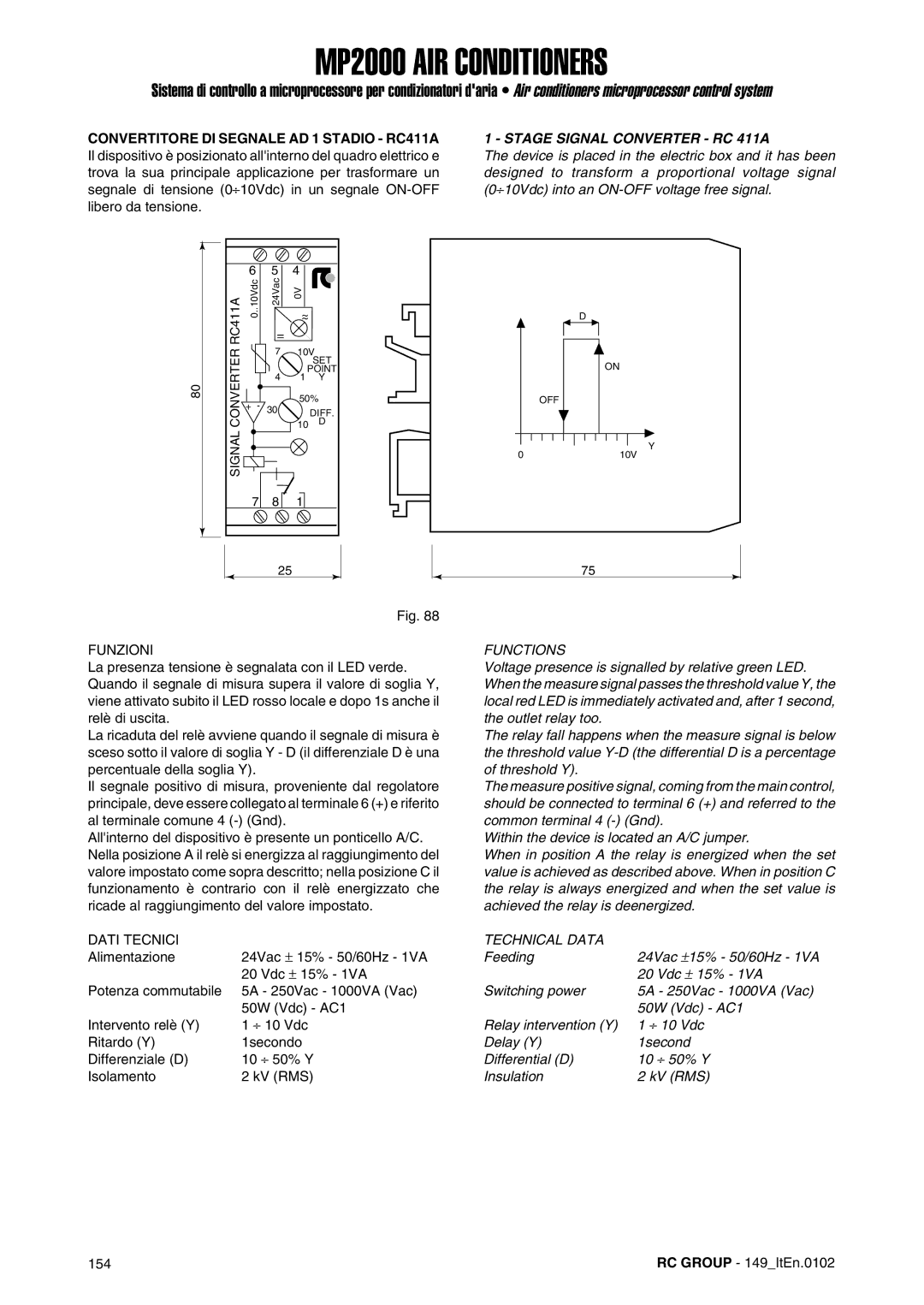 Dell MP2000 manual Convertitore DI Segnale AD 1 Stadio RC411A, Stage Signal Converter RC 411A, 24Vac ±15% 50/60Hz 1VA 