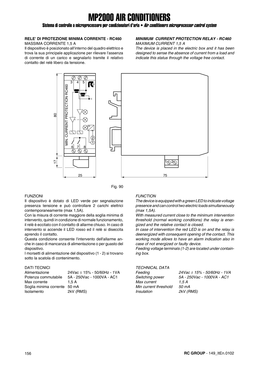 Dell MP2000 manual Rele DI Protezione Minima Corrente RC460, Massima Corrente 1,5 a, Minimum Current Protection Relay RC460 