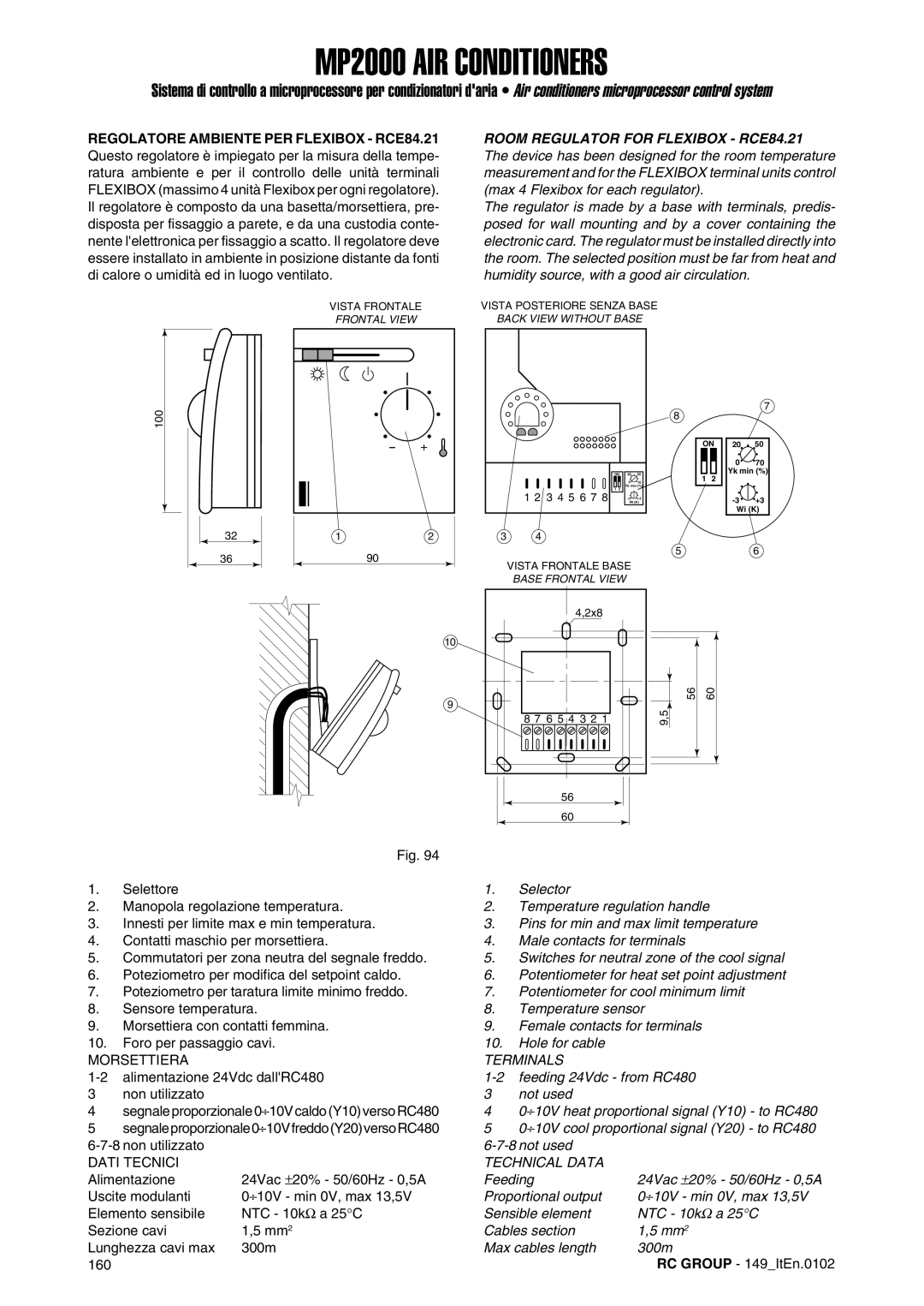 Dell MP2000 manual Regolatore Ambiente PER Flexibox RCE84.21, Room Regulator for Flexibox RCE84.21 