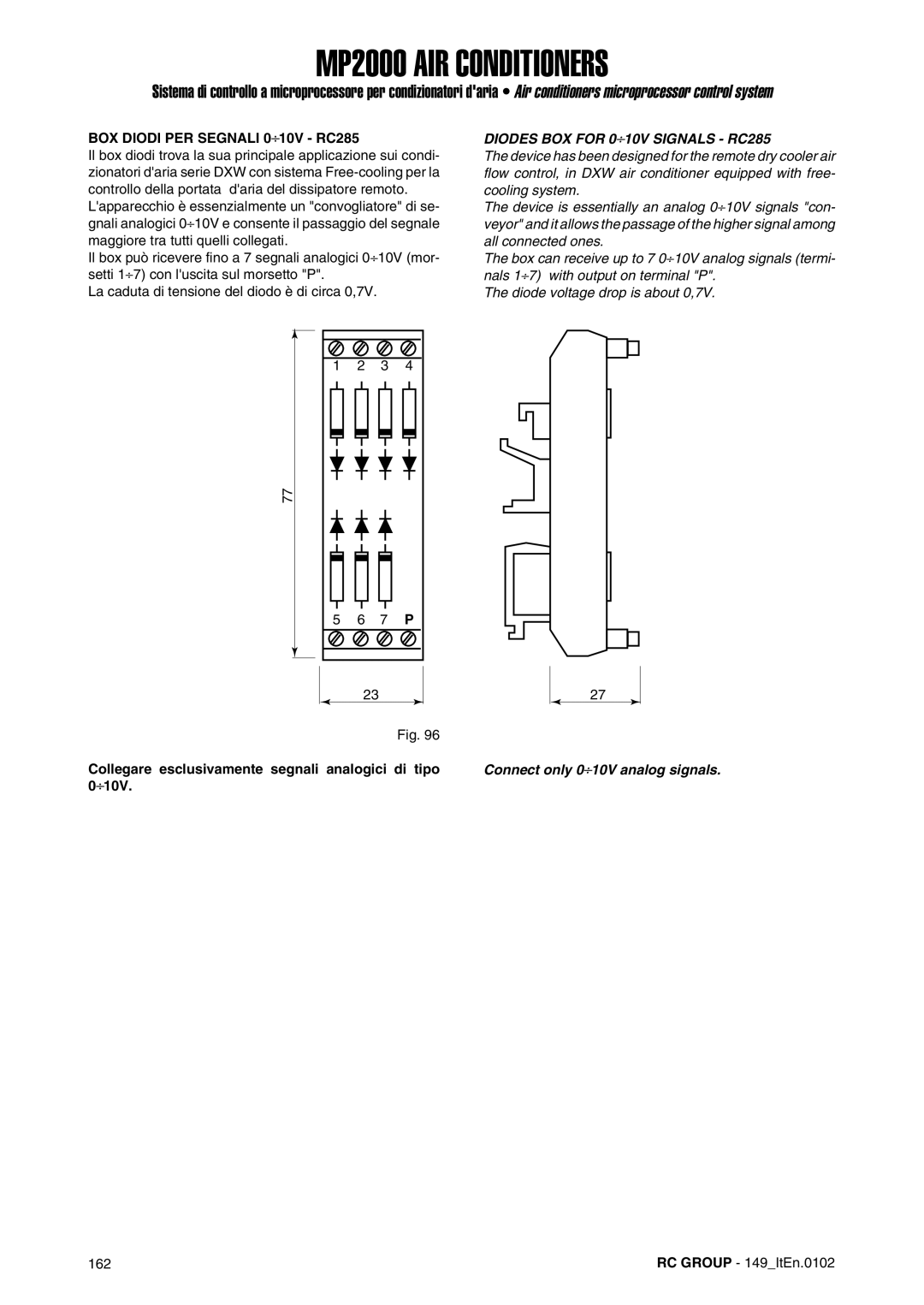 Dell MP2000 manual BOX Diodi PER Segnali 0⎟10V RC285, Diodes BOX for 0⎟10V Signals RC285, 7 P 