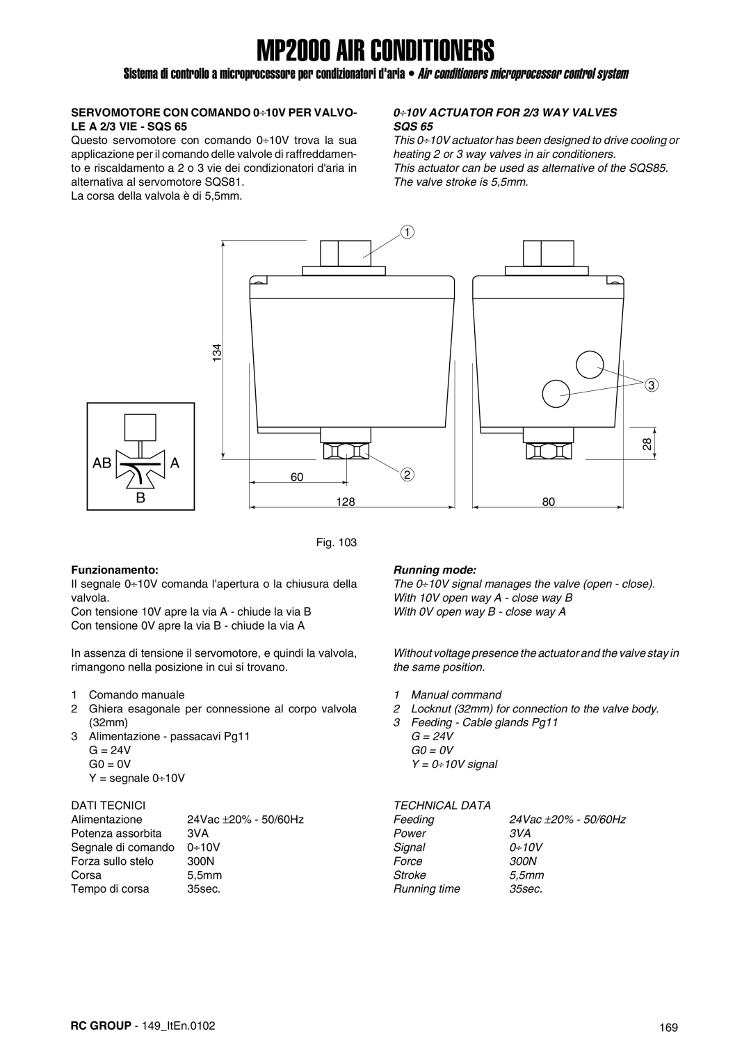 Dell MP2000 manual Servomotore CON Comando 0⎟10V PER Valvo, ⎟10V Actuator for 2/3 WAY Valves, Sqs, Running mode 