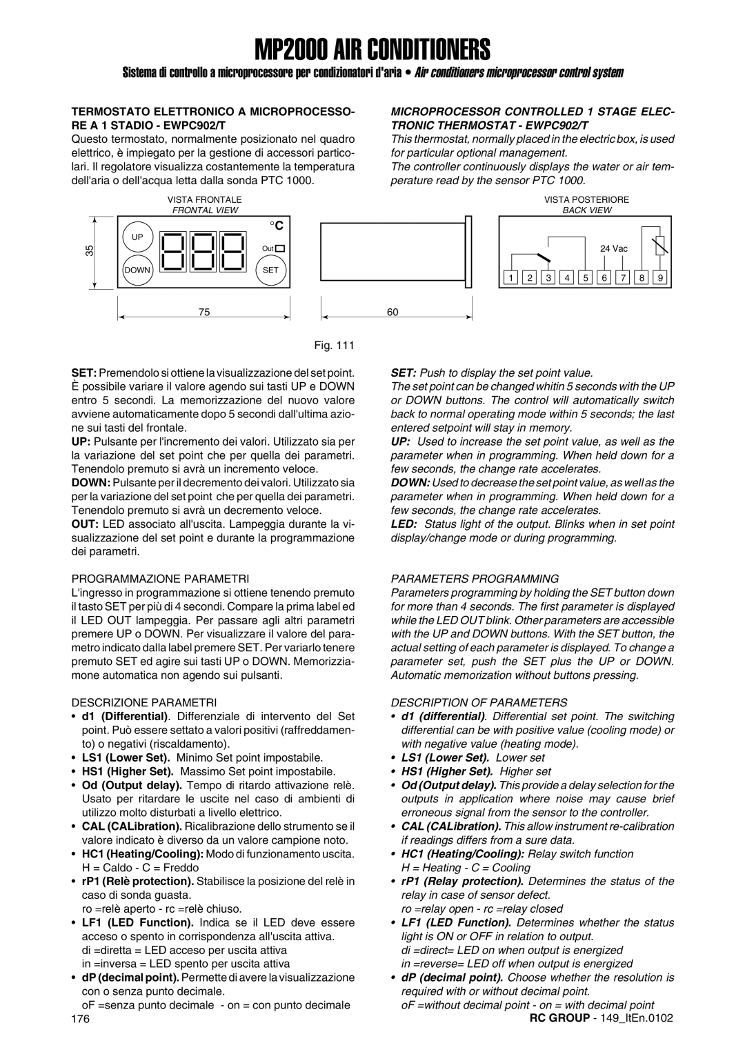 Dell MP2000 manual Programmazione Parametri, Descrizione Parametri, Parameters Programming, Description of Parameters 