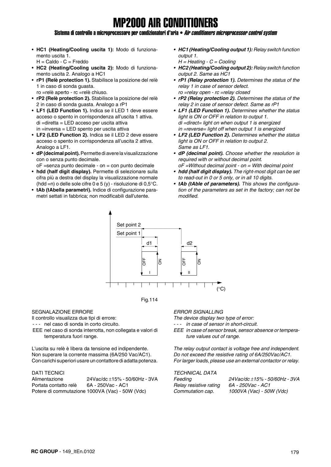 Dell MP2000 manual HC1 Heating/Cooling uscita 1 Modo di funziona- mento uscita, = Heating C = Cooling 