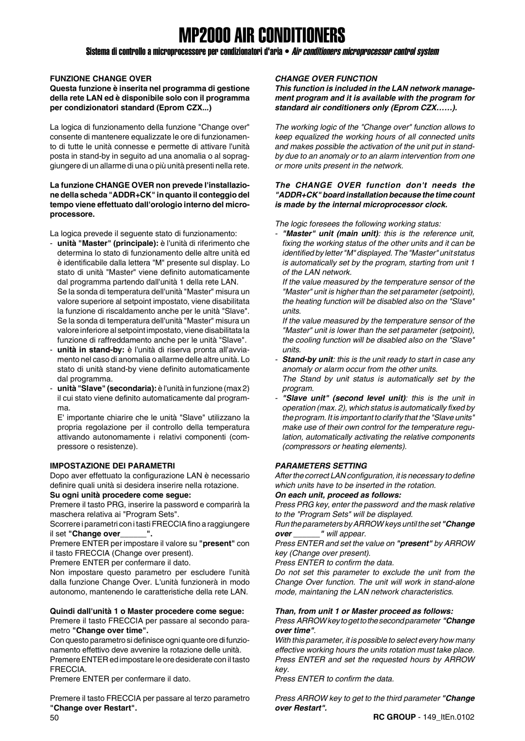 Dell MP2000 manual Funzione Change Over, Impostazione DEI Parametri, Change Over Function, Parameters Setting 