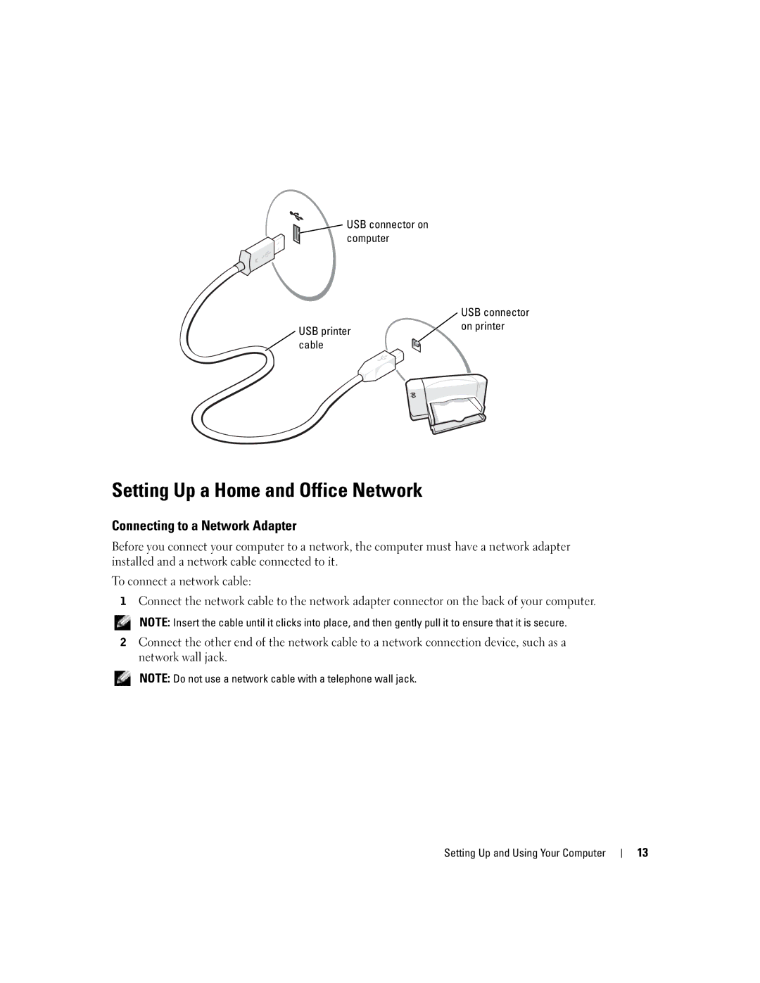 Dell G7279, MTC2, DMC manual Setting Up a Home and Office Network, Connecting to a Network Adapter, USB connector on computer 