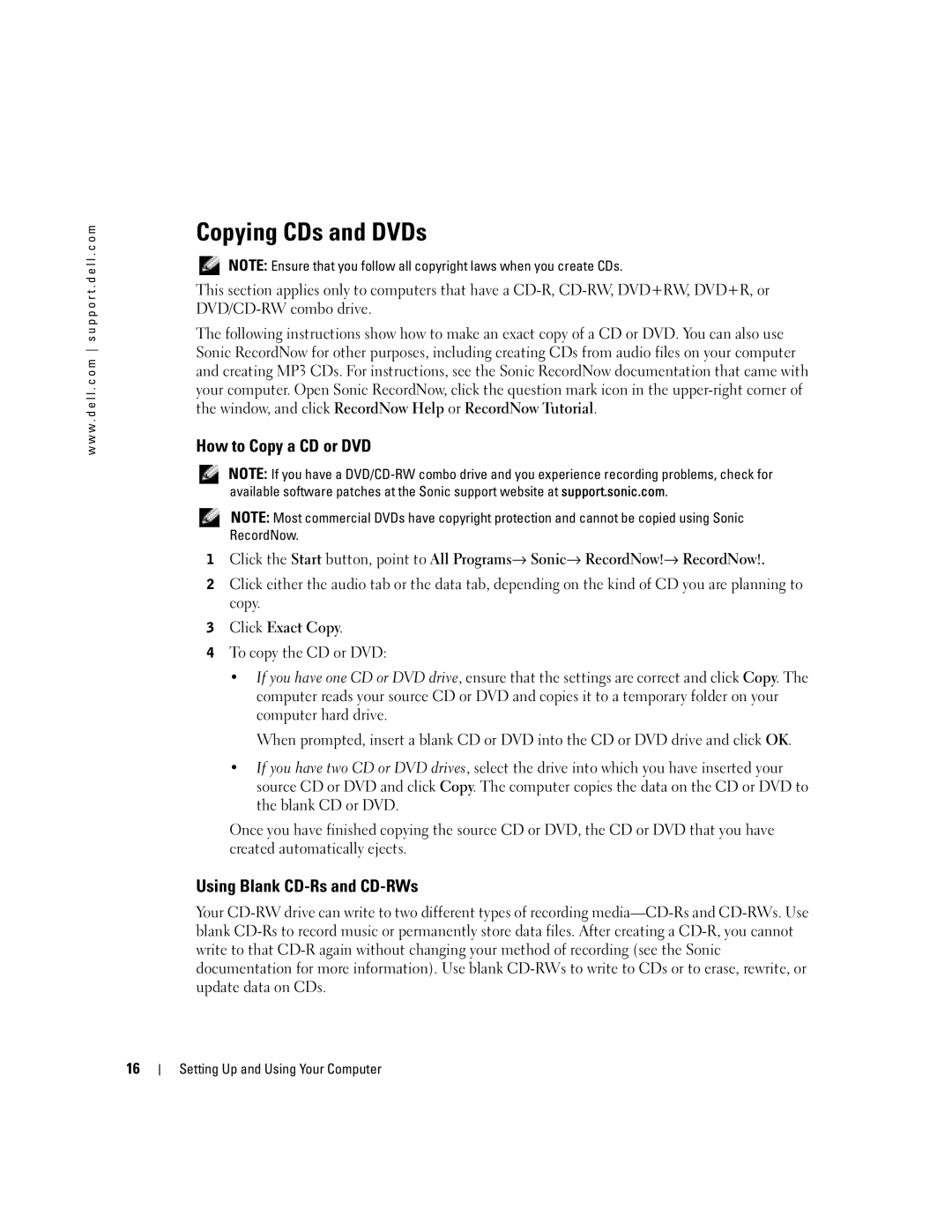 Dell G7279, MTC2, DMC manual Copying CDs and DVDs, How to Copy a CD or DVD, Using Blank CD-Rs and CD-RWs, Click Exact Copy 