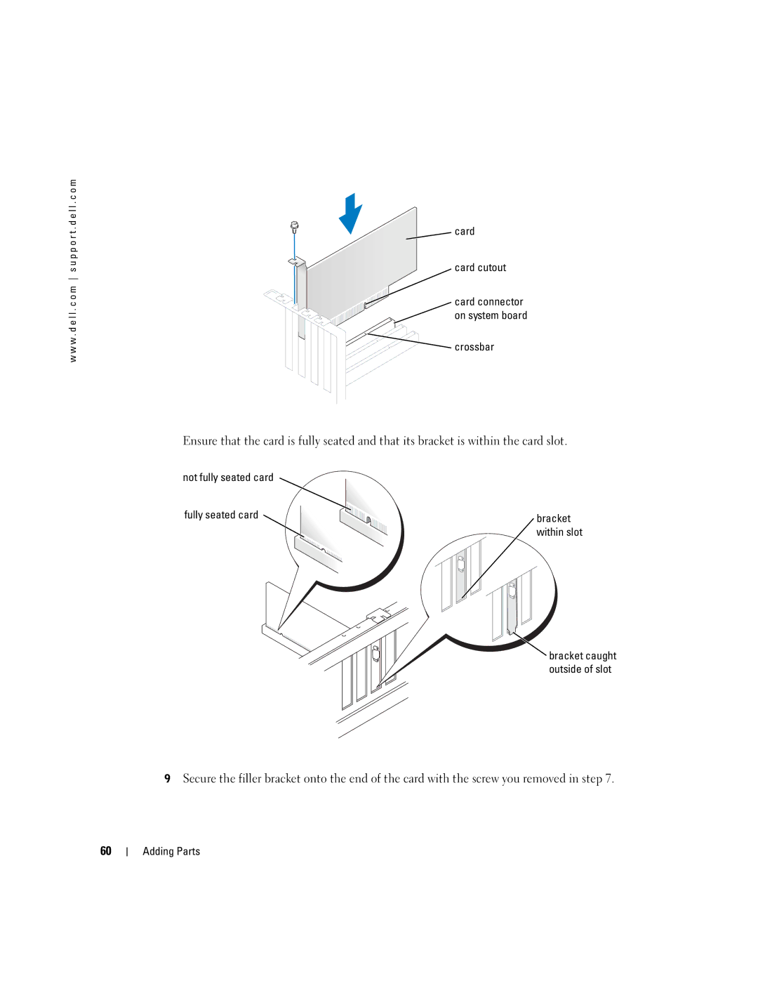 Dell MTC2, G7279, DMC manual Card Card cutout, Crossbar, Not fully seated card Fully seated card Bracket 