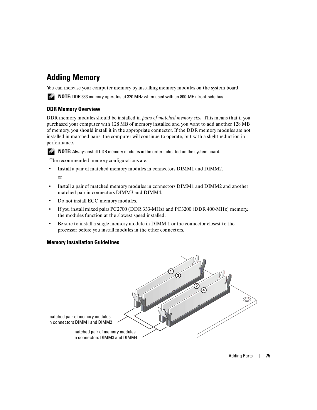 Dell MTC2, G7279, DMC manual Adding Memory, DDR Memory Overview, Memory Installation Guidelines 