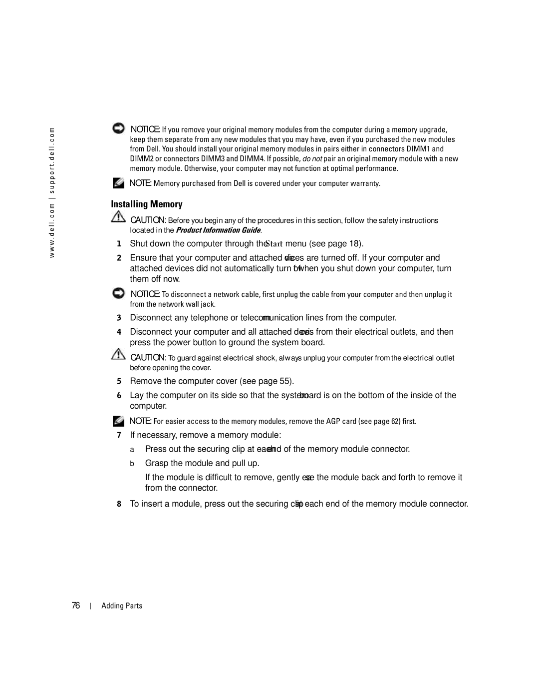 Dell G7279, MTC2, DMC manual Installing Memory 