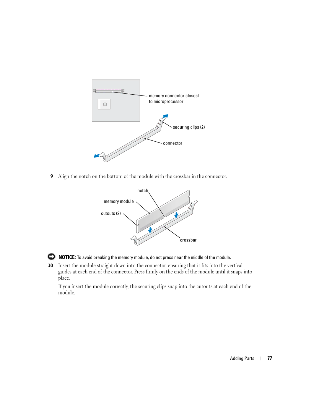 Dell DMC, MTC2, G7279 manual Securing clips Connector, Notch 