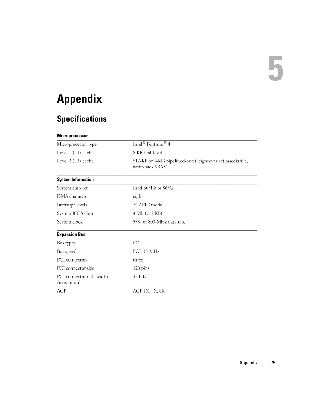 Dell G7279, MTC2, DMC manual Specifications, System Information, Expansion Bus, Appendix 