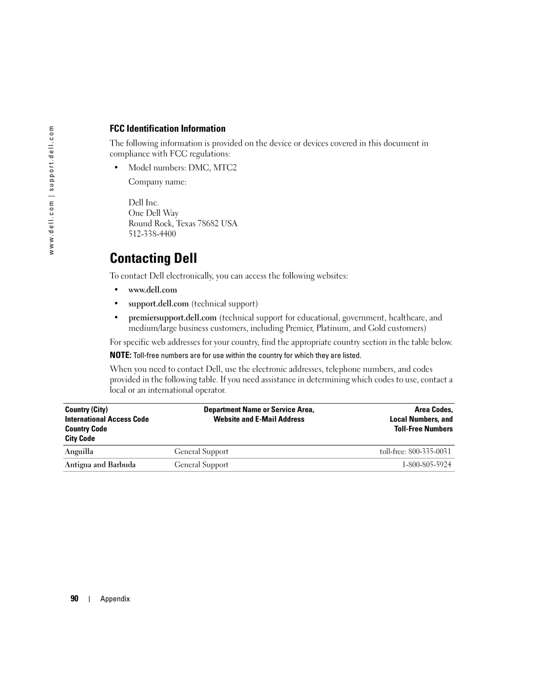 Dell MTC2, G7279, DMC manual Contacting Dell, FCC Identification Information 