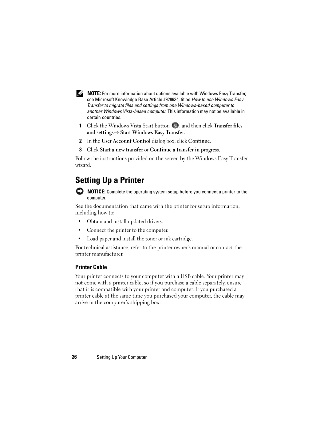 Dell MTG owner manual Setting Up a Printer, Printer Cable 