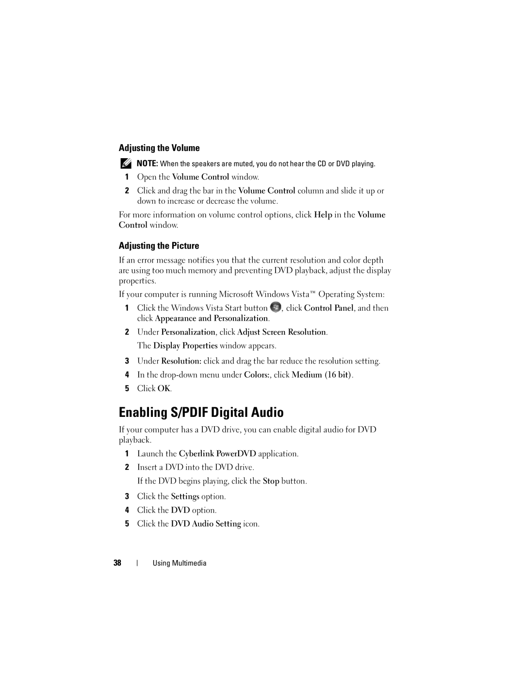 Dell MTG owner manual Enabling S/PDIF Digital Audio, Adjusting the Volume, Adjusting the Picture 