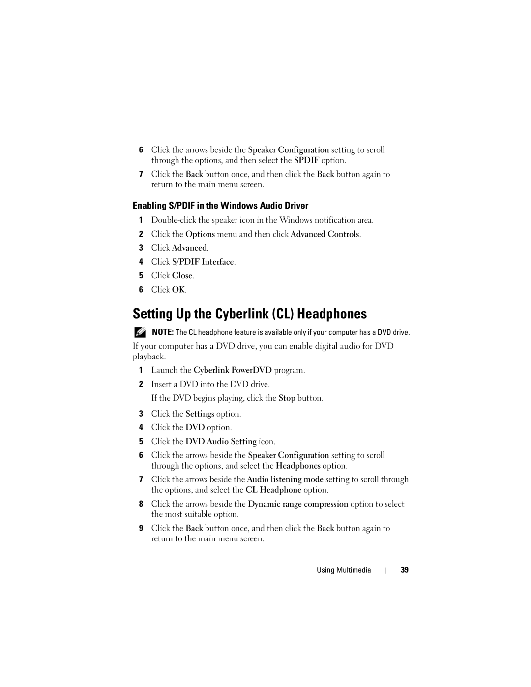 Dell MTG owner manual Setting Up the Cyberlink CL Headphones, Enabling S/PDIF in the Windows Audio Driver 