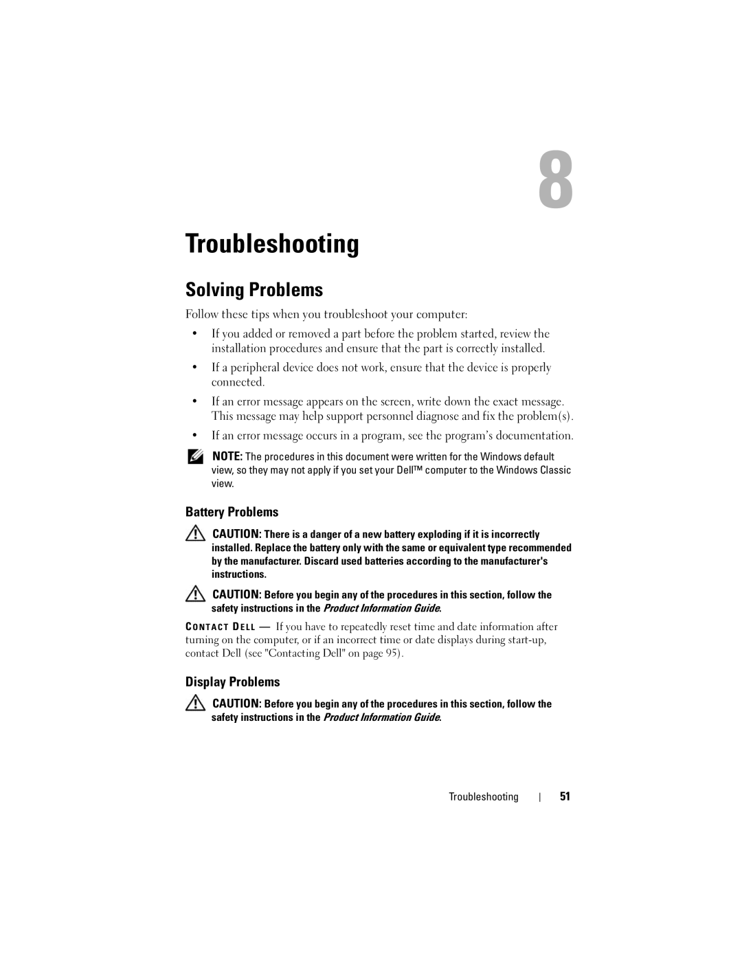 Dell MTG owner manual Troubleshooting, Solving Problems, Battery Problems, Display Problems 